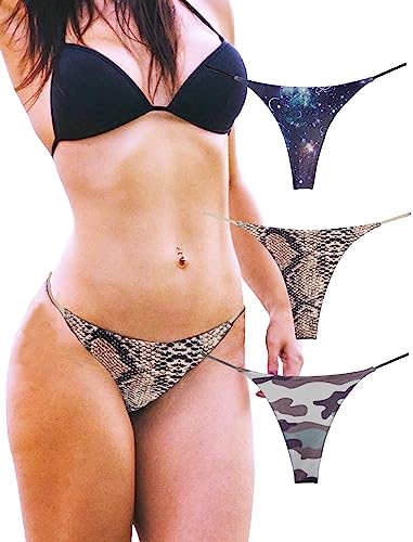 KUKU PANDA G String Tangas für Damen aus Baumwolle Frauen Unterwäsche Sexy Höschen Nahtlose Slips Thongs 3er Pack Set (Galaxy Snake Camouflage, Large) von KUKU PANDA