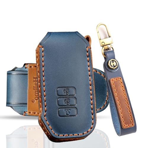 KULCSOK Leder-Schlüsselhülle für Kia EV6 Sportage Plug in Hybrid 2024 2023 2022 Autoschlüsseletui Fob Holder Schlüsseltasche Schlüsselanhänger 7 Tasten B Blau von KULCSOK