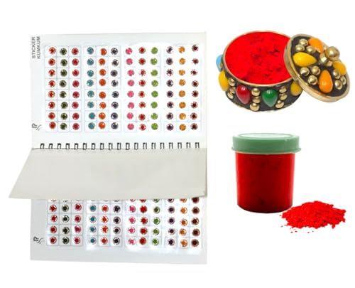 KULIA® Bindi runde Punkte Tattoo-Aufkleber indische Bindi-Gesichtsedelsteine handgeschnitzte Sindoor-Box mit mehreren Bindi-Punkten Bollywood-Party indische Hochzeit ethnischer Tikka-Schmuck Frauen von KULIA