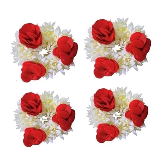 KULIA® Blumen-Gajra 4-teiliger indischer traditioneller Haarschmuck Brautjungfer Gajra mit künstlicher Blume handgefertigter Haarbrand Juda-Nadeln Bollywood-Partykleidung Haldi Haarstyling von KULIA
