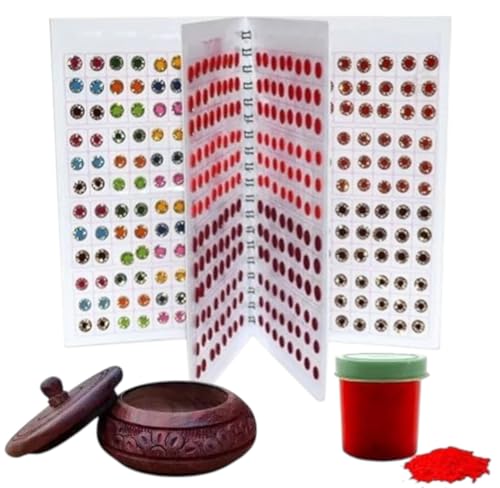 KULIA® Buch-Bindi mit Sindoor-Puder und Box temporärer Tattoo-Aufkleber Stirn mehrfarbiger Tikka-Stein-Bindi Frauen Brautaccessoires Gesichtsjuwelen ein einzelnes Bindi Karwa Chauth Geschenke Frauen von KULIA