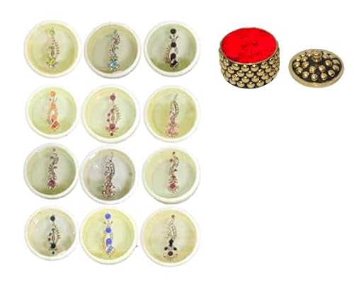 KULIA® Kristall-Bindi-Tattoo-Aufkleber für Damen Stirn-Tikka mehrfarbig indisches Bindi Stirn-Tikka Braut-Bindi 12 Stück kleine Box ein einzelnes Bindi runde Punkte Bollywood-Party Gesichtsjuwelen von KULIA