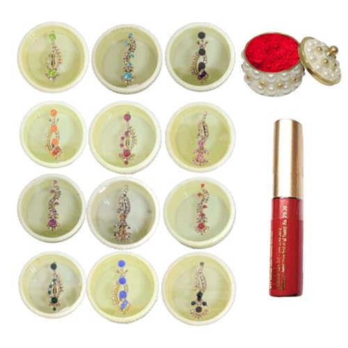 KULIA® Kristall-Bindi-Tattoo-Aufkleber mehrfarbig Damen-Bindi Stirn-Tikka Hochzeits-Bindi 12 Stück handgefertigt Sindoor-Box Kumkum-Pulver runde Punkte Bollywood-Party gemischte Größe ethnische Bindi von KULIA