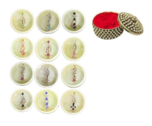 KULIA® Langes Kristall-Bindi für die Stirn Tikka Tattoo-Aufkleber mehrfarbig Damen-Bindi Stirn-Tikka Hochzeits-Bindi 12 Stück kleine Box runde Punkte Bollywood-Party gemischte Größe Gesichtsjuwelen von KULIA