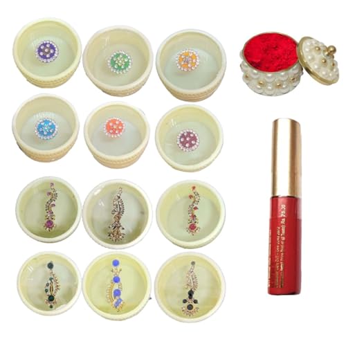 KULIA® Runde Kristall-Bindi-Tattoo-Aufkleber mehrfarbig Damen-Bindi Stirn-Tikka gemischte Bindi 12 Stück handgeschnitzt Sindoor Kumkum-Box ethnische Bindi Bollywood-Party gemischte Größe Kristall von KULIA