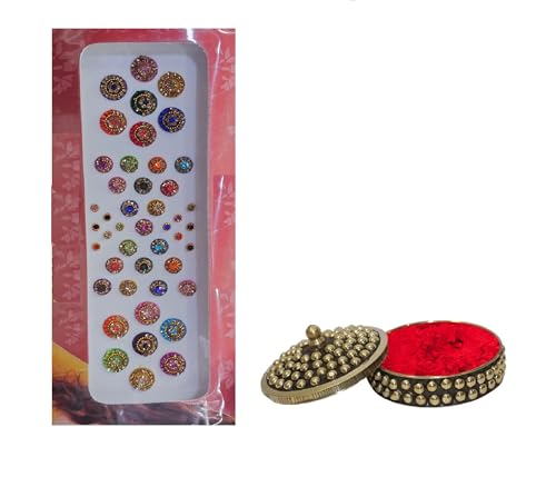 KULIA® Stein-Bindi in mehreren Größen runder Steinaufkleber Stirn-Tikka-Bindi Gesichtsaufkleber für Frauen indische Tattoo-Aufkleber Modeschmuck Hochzeits-Bindi mit Sindoor-Box Braut-Bindi von KULIA