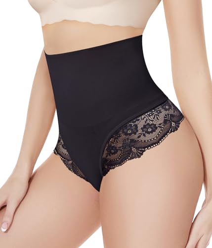 KUMAYES Bauchweg Damen Unterhose Shapewear Miederhose Tanga Unterwäsche String Miederslip Figurformende Hoher Taille Spitze Kontrolle Body Shaper (Schwarz, M) von KUMAYES