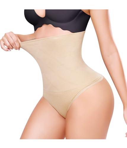 KUMAYES Bauchweg Unterhose Damen Hohe Taille Nahtlos Shapewear Stark Formend Body Shaper Miederslips Tanga Unterwäsche (M-L,Beige) von KUMAYES
