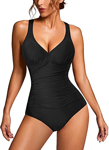 KUMAYES Damen Badeanzug Monokini Bauchweg Schlankheits Badeanzug V Ausschnitt Badebekleidung Bauchweg Bademode Swimsuit (XXL, Schwarz) von KUMAYES