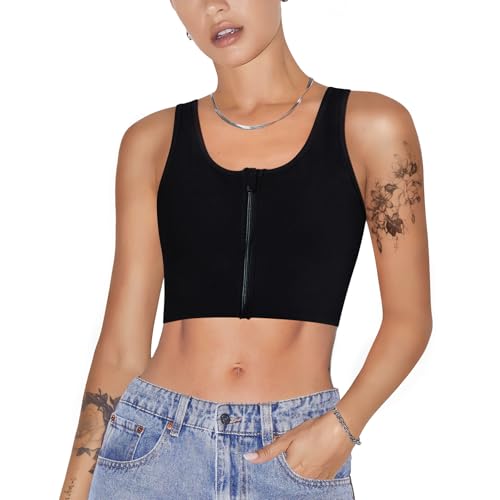 KUMAYES Damen Binder Trans Tomboy Transgender FTM Quadratischer Trans Binder Kragen mit Frontreißverschluss Kurzer Chest Binder BH Top für Damen (Schwarz-Reißverschlüsse, XL) von KUMAYES
