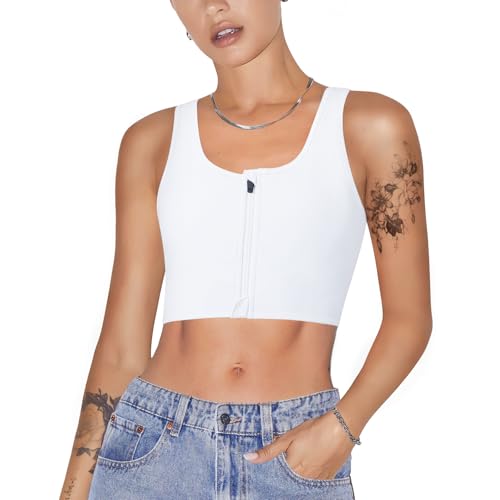 KUMAYES Damen Trans Binder mit Frontreißverschluss - Quadratischer Chest Binder BH Top für Damen (Weiß-Reißverschlüsse, 2XL) von KUMAYES