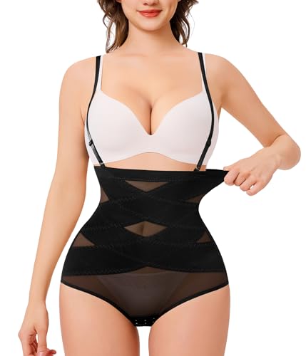 KUMAYES Damen Shapewear Bauchweg Unterhose Hohe Taille Unterwäsche Bauchkontrolle Miederhose Body Shaper Einstellbar mit Schultergürtel (XL, Schwarz) von KUMAYES