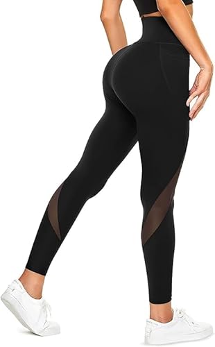 KUMAYES Damen Sports Leggings Hohe Taille Lange Sporthose Sportleggings mit Bauchkontrolle Yogahose Fitnesshose mit Taschen (XL, Schwarz) von KUMAYES