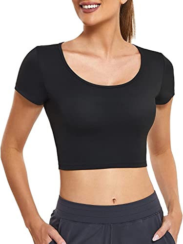 KUMAYES Damen Unterhemden Top Workout Tank Tops Sport Bauchweg Kompressionsshirt Kurzarm Fitness T-Shirt Oberteil Shaping-Effekt Top (Schwarz, XL) von KUMAYES