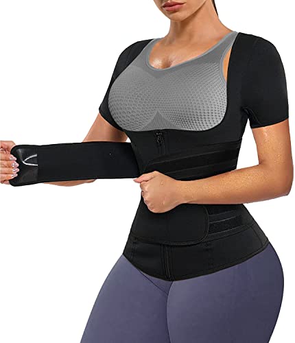 KUMAYES Neopren Sauna Weste mit Bauchweggürtel Damen Shirt Thermo Saunaanzüge Tanktop Unterbrust Fitness Body Shaper (Schwarz, L) von KUMAYES