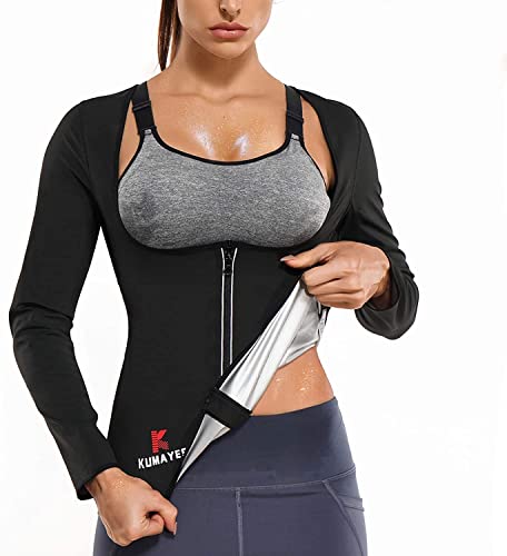 KUMAYES Sauna Trainingsanzug für Damen, T-Shirt zum Schwitzen, Langarm, Sport, Training, Fitness-Bekleidung, Schwarz, XXL von KUMAYES