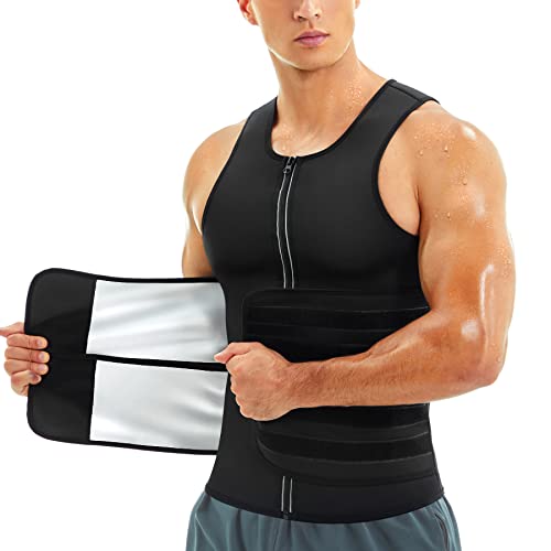 KUMAYES Saunaanzug für Herren Taillentrainer Weste Reißverschluss Body Shaper mit verstellbarem Tank Top Sauna Workout, schwarz, Large von KUMAYES