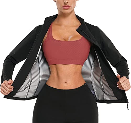 KUMAYES Saunajacke Damen Schwitzjacke Trainingsjacke Kurzarm Sportshirt Abnehmen Fitness Trainingsshirt Thermo Sauna Body Shaper (3XL, Schwarz) von KUMAYES