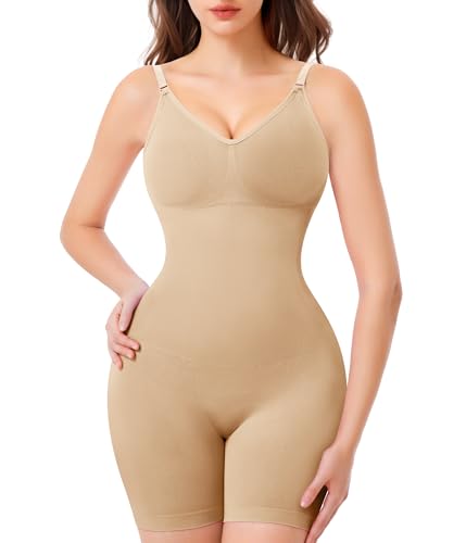 KUMAYES Shapewear Damen Bauchweg Stark Formend Body Shaper Mit Bein Shorts Bodysuit Nahtlose Figurenformend Jumpsuit mit Verstellbarer Schultergurt (beige, M-L) von KUMAYES