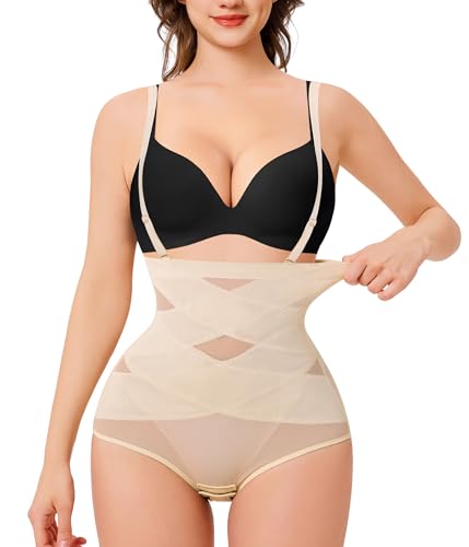KUMAYES Shapewear Damen Bauchweg Unterhose Hohe Taille Shaping Unterwäsche Miederhose Stark Formend Body Shaper Einstellbar mit Schultergürtel (XXL, Beige) von KUMAYES
