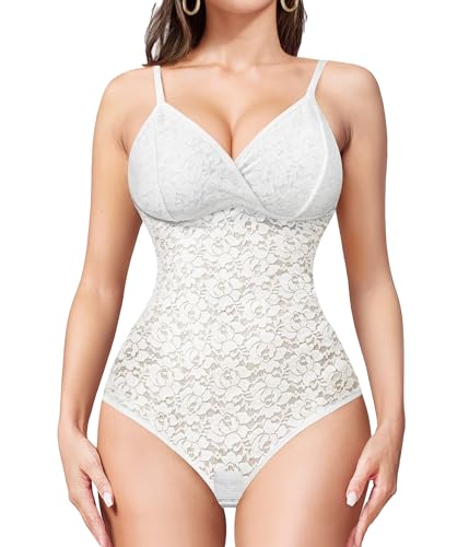 KUMAYES Shapewear Damen Body Stark Formend Bauchweg Spitze Shaping Body Thong Sculpting Ärmellose V-Ausschnitt Rückenfrei Nahtlos Body Shaper (Weiß, 3XL) von KUMAYES