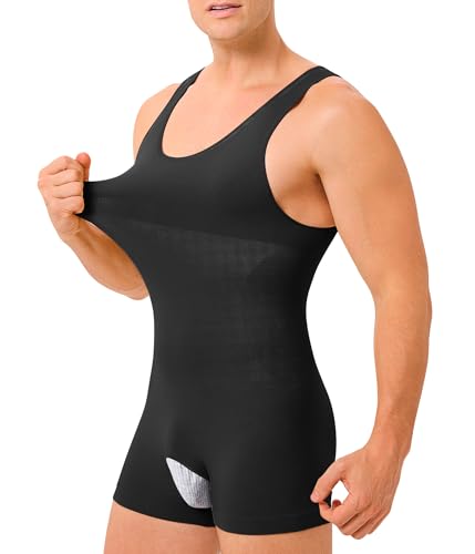 KUMAYES Shapewear Herren Kompressionsshirt Shirt Bauchweg Stark Formend Unterhemd Herren Taillenformer Full Body Shaper mit Bein Shorts (Schwarz, M) von KUMAYES