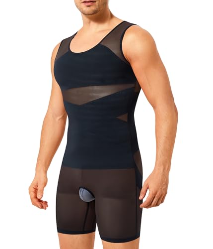 KUMAYES Shapewear Herren Kompressionsshirt Unterhemden Bauchweg Stark Formend Full Body Shaper mit Bein Shorts Abnehmen Figurformende Bauchweg Unterwäsche Tank Top (Schwarz, 2XL) von KUMAYES