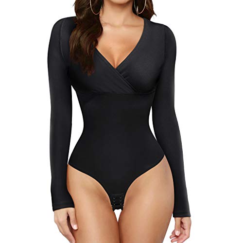 KUMAYES Shaping Bodysuit Formende Bodys für Damen Langarm Tops Shapewear Bauchweg Fajas Body Shaper (3XL, Schwarz) von KUMAYES