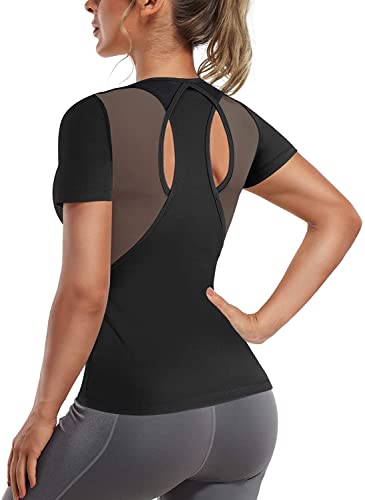 KUMAYES Sport T-Shirt für Damen Yoga Top mit integriertem BH Kurzarm Laufshirt Atmungsaktive Fitness Gym Shirt Rundhals Sporttop (3XL, Schwarz) von KUMAYES