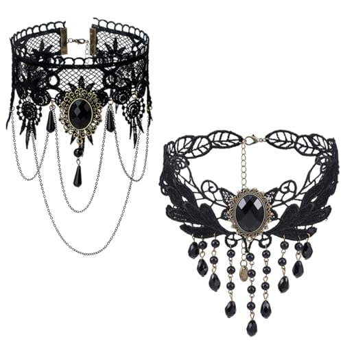 2Pcs Gothic Halskette Set Schwarz Spitze Kette Damen Gotisch Choker Zubehör Vintage Halsband Victorian Schmuck für Halloween Pfingsten Maskerade Karneval Fasching von KUMSODE