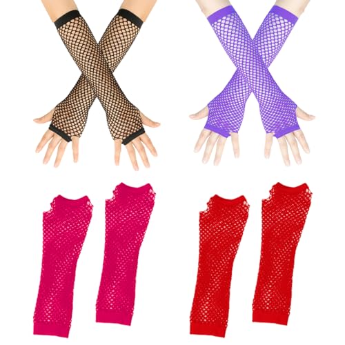 4 Paare Netzhandschuhe Lange Fischnetz Fingerlose Handschuhe Netzhandschuhe für Damen mit Strass Fishnet Glänzende Modische Opernhandschuhe für 80er Jahre Kostümparty Halloween Cosplay Zubehör von KUMSODE