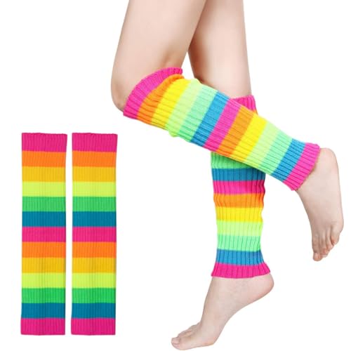 KUMSODE 1 Paar Leg Warmers Damen Bein Stulpen Regenbogenfarben Wintergarn Gestrickte Beinwärmer für Frauen Mädchen 80er Jahre Party Kostüm Zubehör von KUMSODE