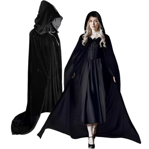 KUMSODE 1 Stück Schwarzer Umhang mit Kapuze Umhang Mittelalter Umhang Cape Mantel Satin Karneval Halloween Weihnachten Kostüm Erwachsene (140cm) von KUMSODE