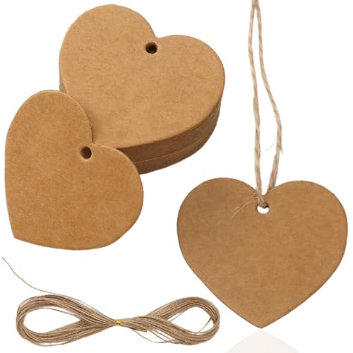 KUMSODE 100 herzförmige Kraftpapieretiketten mit 20 m Hanfseil - perfekt als Geschenketiketten, Christbaumschmuck oder Wunschetiketten für Valentinstag und Weihnachten von KUMSODE