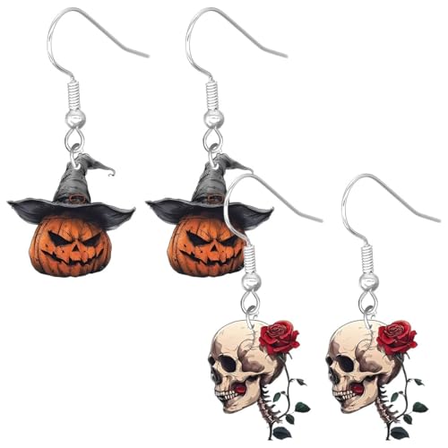 KUMSODE 2 Paar Niedlich Halloween Kürbis Schädel Ohrringe Dangle Acryl Schädel Dekor Geschenke für Frauen Mädchen Festival Charms von KUMSODE