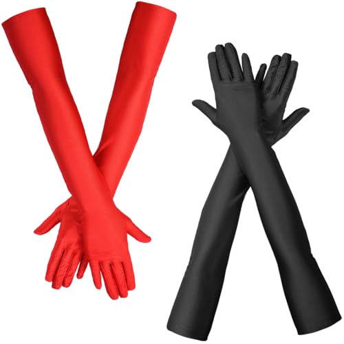 KUMSODE 2 Paare Handschuhe Lang Schwarz Satinhandschuhe Abendhandschuhe Opernhandschuhe Ellenbogenhandschuhe（Schwarz, Rot） von KUMSODE