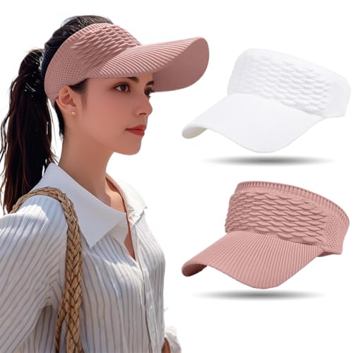 KUMSODE 2 Stück Damen Visor Sonnenhut Breite Krempe Hut Einstellbar Faltbarer Pferdeschwanz Strandhut Sommer UV Schutz Außen Hut UPF 50+ von KUMSODE