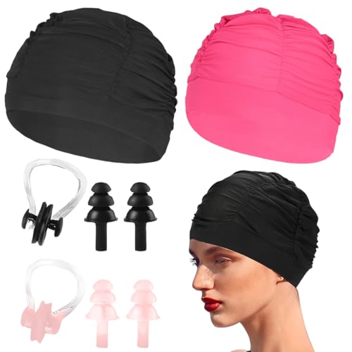 KUMSODE 2 Stück Elastische Badekappe Mit 2 Schwimmnasenclips und 4 Schwimmohrstöpseln Badekappe Stoff für Damen & Herren – Bequem, Langlebig & Hochelastisch von KUMSODE