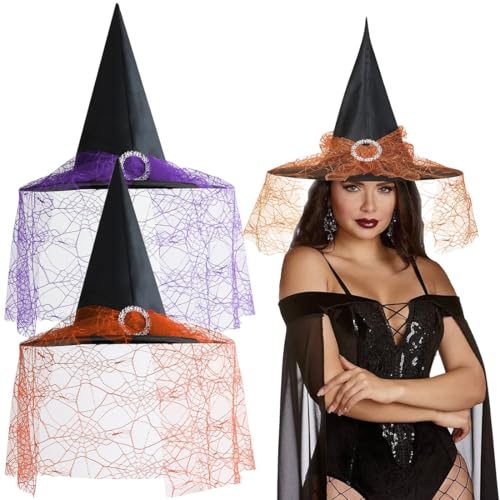 KUMSODE 2 Stück Hexenhut Damen, Halloween Hexenhut Zauberer Frauen, Hexen Hut Kostüm Cosplay, Breite Krempe Spitzhut, Accessoire für Ihr Hexenkostüm, Kopfbedeckung, Karnevalshut（Orange, Lila ） von KUMSODE