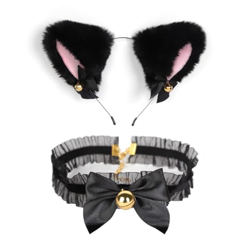 KUMSODE 2 Stück Katzenkostüm Damen, Katze Ohr Stirnband und Halskette Set, Niedliches Katzenohren Haarband und Glöckchen Kette für Halloween Cosplay Kostümfest Valentinstag von KUMSODE