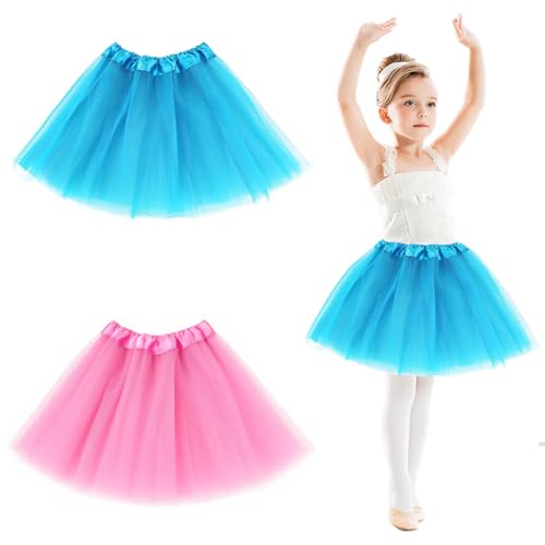 KUMSODE 2 Stück Tüllrock Kinder Mädchen Tuturock Prinzessinrock Minirock Tüllrock Ballett Rock mit Elastischer Bund Lieblich für 2-8Jahre alt (Blau, Rosa) von KUMSODE