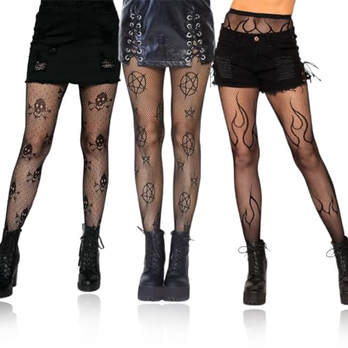 KUMSODE 3 Paar Halloween Netzstrümpfe Schädel Spinnennetz Hohe Taille Mesh Strumpfhosen Strümpfe Schwarz Netzstrumpfhose Strumpfhosen für Fraue von KUMSODE