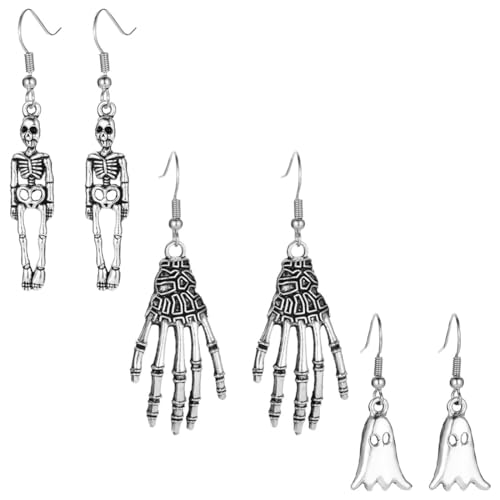 KUMSODE 3 Paare Punk Halloween Ohrringe für Damen, Geisterhand, Geist, Skelett Ohrringe Totenkopf Ohrringe Thema Schmuck Geschenk Kostüm Zubehör von KUMSODE
