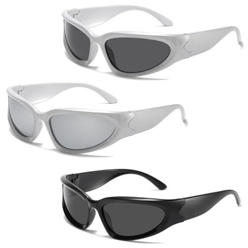 KUMSODE 3 Stück Damen Herren Vintage Wrap Around Sunglasses Polarized Sports Eyeglasses Mirrored Outdoor Rider Glasses Rechteckige Sonnenbrille Futuristisch Sonnenbrillen Y2K von KUMSODE