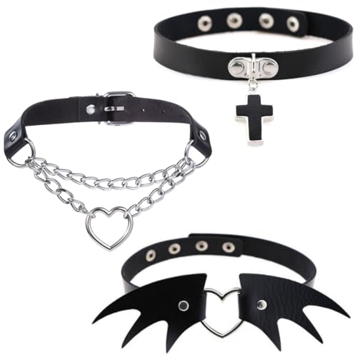 KUMSODE 3 Stück Leder Choker Damen Herz Anhänger Choker Einstellbar PU Leder Halskette Set Metall Ring Halsband Schwarz Punk Rock Gothic Halsband Kragen mit Kreis Herz für Frauen Zubehör von KUMSODE