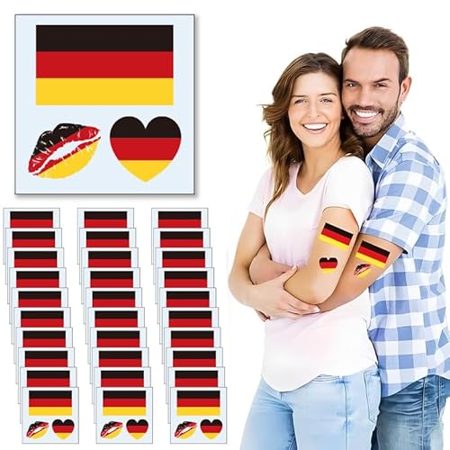 KUMSODE 30 Blätter Deutschland Flagge Tattoos Aufkleber für EM Deko, Deutsche Dekoration Temporäre Tattowierung Set Wasserdichter Gesichts Tattoos Sticker für Fußball Party Deko von KUMSODE