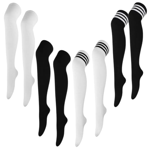 KUMSODE 4 Paar Overknee-Oberschenkel-Socken, Kniestrümpfe Overknee Strümpfe Damen Lange Gestreifte Socken Thigh High Socks Beinwärmer Schenkel Socken für Mädchen von KUMSODE