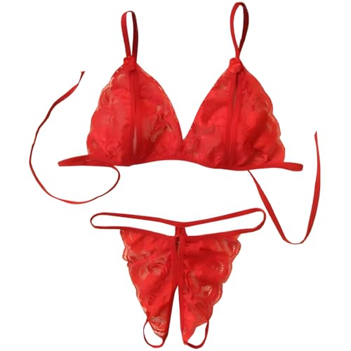 KUMSODE BH Damen Set Spitze Dessous Sexy Set Unterwäsche Lingerie Lace Verstellbarer Unterwäsche-Tanga Set,Rot von KUMSODE