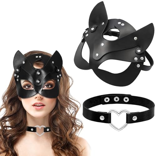KUMSODE Catwoman Maske und Choker-Set, Katze Maske Leder Maske Katzenmaske Damen Schwarze Maskerade Maske Halbgesichtsmaske FüR Halloween Cosplay von KUMSODE