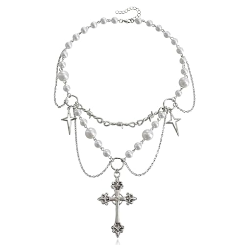 KUMSODE Crystal Cross Pearl Halskette Gothic Choker Kruzifix Anhänger Halskette Silber Perlen Schmuck für Frauen und Mädchen von KUMSODE